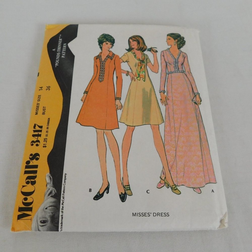McCalls 3417 Sewing Pattern Women Teens Vintage 1972 Dress Size 14 Bust 36 Uncut